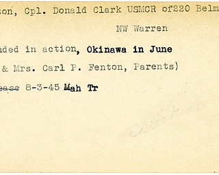 World War II, Vindicator, Donald Clark Fenton, Warren, wounded, Okinawa, Carl P. Fenton, parents, 1945, Mahoning, Trumbull