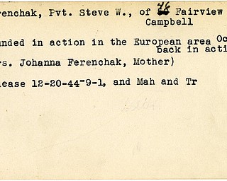 World War II, Vindicator, Steve W. Ferenchak, Campbell, wounded, Europe, Johanna Ferenchak, 1944, Mahoning, Trumbull