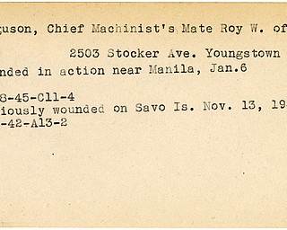 World War II, Vindicator, Roy W. Ferguson, Chief Machinist's Mate, Youngstown, wounded, Manila, 1945, Savo Island, 1942
