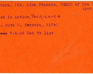 World War II, Vindicator, Nick Francis Ferrara, killed, Pacific, Ruth V. Ferrara, 1945, Mahoning, Trumbull