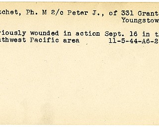 World War II, Vindicator, Peter J. Fetchet, Youngstown, wounded, Pacific, 1944