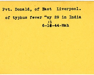 World War II, Vindicator, Donald Fetty, East Liverpool, died, ill, typhus fever, India, 1944, Mahoning