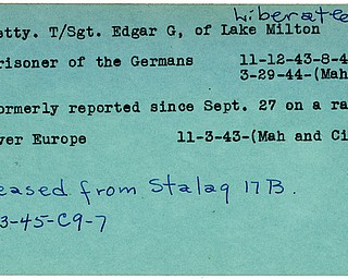 World War II, Vindicator, Edgar G. Fetty, Lake Milton, liberated, prisoner, Germany, 1943, 1944, Mahoning, Stalag, 1945