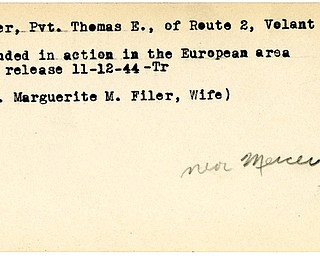 World War II, Vindicator, Thomas E. Filer, Volant, wounded, Europe, 1944, Trumbull, Marguerite M. Filer