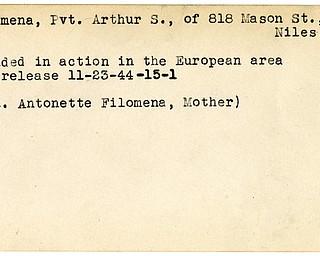 World War II, Vindicator, Arthur S. Filomena, Niles, wounded, Europe, 1944, Antonette Filomena