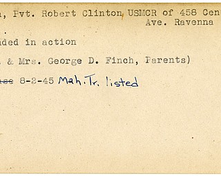 World War II, Vindicator, Robert Clinton Finch, USMCR, Ravenna, wounded, George D. Finch, 1945, Mahoning, Trumbull