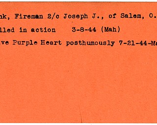 World War II, Vindicator, Joseph J. Fink, fireman, Salem, killed, Mahoning, 1944, award, purple heart