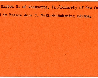 World War II, Vindicator, Milton M. Fink, New Castle, Jeannette, killed, France, 1944, Mahoning