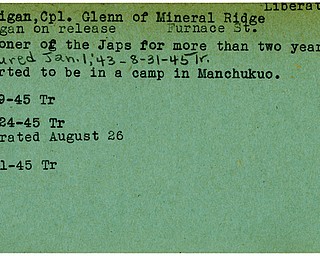 World War II, Vindicator, Glenn Finnigan, Mineral Ridge, liberated, prisoner, Japanese, 1945, Trumbull, Manchukuo