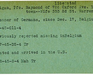 World War II, Vindicator, Raymond Finnigan, liberated, Youngstown, prisoner, Germany, Belgium, 1945, missing, Mahoning, Trumbull