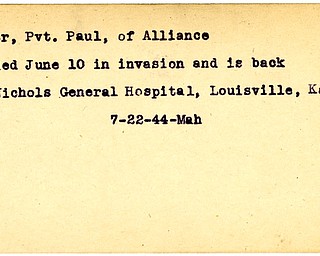 World War II, Vindicator, Paul Fisher, Alliance, wounded, hospitalized, 1944, Mahoning
