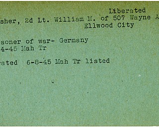 World War II, Vindicator, William M. Fisher, Ellwook City, prisoner, Germany, liberated, 1945, Mahoning, Trumbull
