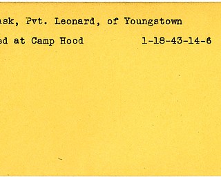 World War II, Vindicator, Leonard Flask, Youngstown, died, Camp Hood, 1943