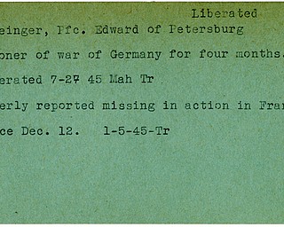 World War II, Vindicator, Edward Flickeinger, Petersburg, liberated, prisoner, Germany, 1945, Mahoning, Trumbull, missing, France