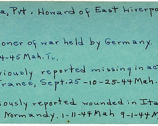 World War II, Vindicator, Howard Flora, East Liverpool, prisoner, Germany, 1945, Mahoning, Trumbull, missing, France, 1944, wounded, Italy, Normandy