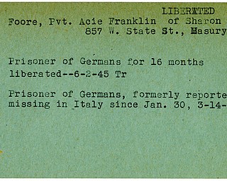 World War II, Vindicator, Acie Franklin Foore, Sharon, liberated, Masury, prisoner, Germany, Trumbull, 1945, missing, Italy, 1944