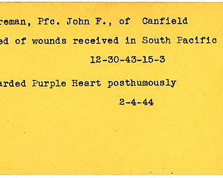 World War II, Vindicator, John F. Foreman, Canfield, killed, wounded, Pacific, 1943, award, Purple Heart, 1944