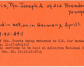 World War II, Vindicator, Joseph A. Forris, Youngstown, killed, Germany, 1945, 1948