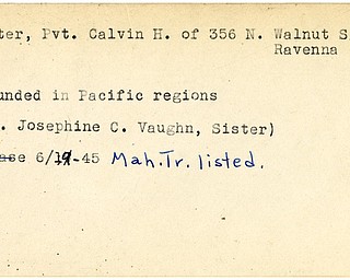 World War II, Vindicator, Calvin H. Foster, Ravenna, wounded, Pacific, Josephine C. Vaughn, 1945, Mahoning, Trumbull