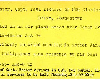World War II, Vindicator, Paul Leonard Foster, Youngstown, killed, crash, Japanese, missing, Philippines, 1945, Trumbull, 1948, 1949