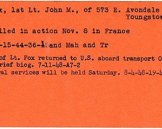 World War II, Vindicator, John M. Fox, Youngstown, killed, France, 1944, Mahoning, Trumbull, body returned, Oglethorpe, 1948, funeral