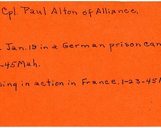 World War II, Vindicator, Alton Fox, Alliance, died, killed, German prison camp, prisoner, Germany, 1945, missing, France, Mahoning, Trumbull