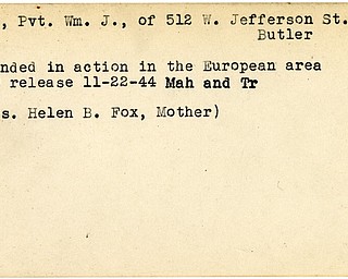 World War II, Vindicator, Wm. J. Fox, Butler, William J. Fox, wounded, Europe, 1944, Mahoning, Trumbull, Helen B. Fox