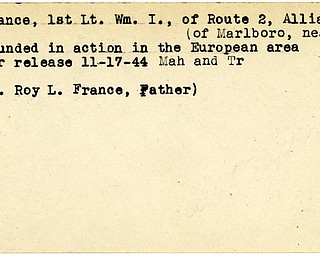 World War II, Vindicator, Wm. I. France, William I. France, Alliance, Marlboro, wounded, Europe, 1944, Mahoning, Trumbull, Roy L. France