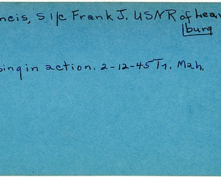 World War II, Vindicator, Frank J. Francis, Leavittsburg, missing, 1945, Mahoning, Trumbull