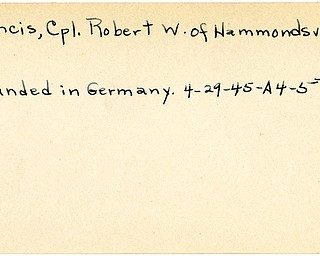 World War II, Vindicator, Robert W. Francis, Hammondsville, wounded, Germany, 1945, Trumbull