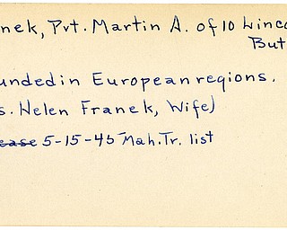 World War II, Vindicator, Martin A. Franek, Butler, wounded, Europe, Helen Franek, 1945, Mahoning, Trumbull
