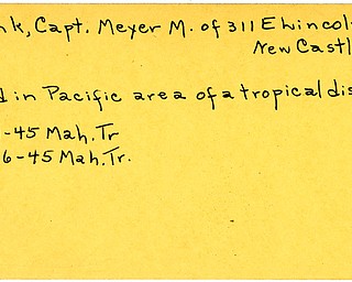 World War II, Vindicator, Meyer M. Frank, New Castle, died, Pacific, tropical disease, 1945, Mahoning, Trumbull