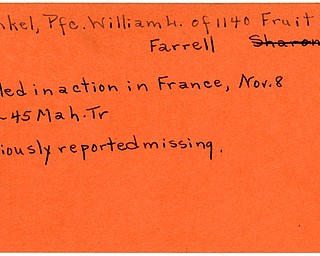 World War II, Vindicator, William L. Frankel, Farrell, killed, France, 1945, missing, Mahoning, Trumbull