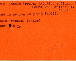 World War II, Vindicator, Laddie Vernon Frankie, Aviation, radioman, Warren, killed, South Pacific, Laddie Frankie, 1945, Trumbull