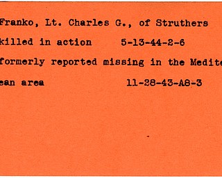 World War II, Vindicator, Charles G. Franko, Struthers, killed, 1944, missing, Mediterranean, 1943