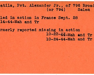 World War II, Vindicator, Alexander Fratila Jr, Salem, killed, France, 1944, Mahoning, Trumbull, missing