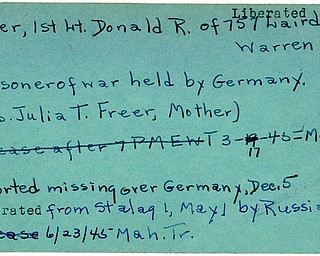 World War II, Vindicator, Donald R. Freer, liberated, Warren, prisoner, Germany, Julia T. Freer, 1945, Mahoning, Trumbull, missing, Stalag