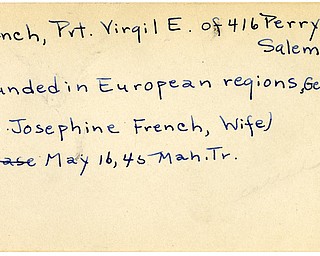 World War II, Vindicator, Virgil E. French, Salem, wounded, Europe, Germany, Josephine French, 1945, Mahoning, Trumbull