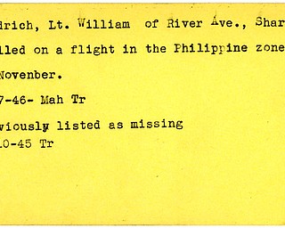World War II, Vindicator, William Friedrich, Sharon, killed, Philippines, 1946, Mahoning, Trumbull, missing, 1945