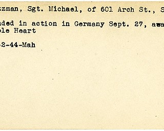 World War II, Vindicator, Michael Fritzman, Salem, wounded, Germany, award, Purple Heart, 1944, Mahoning