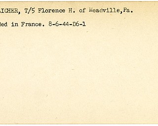 World War II, Vindicator, Florence H. Froelicher, Meadville, wounded, France, 1944