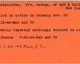 World War II, Vindicator, George Fruehstorfer, New Castle, killed, Germany, 1944, wounded, France, 1945, Mahoning, Trumbull