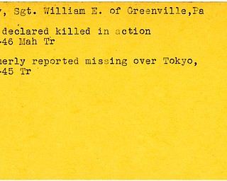 World War II, Vindicator, William E. Fry, Greenville, Pennsylvania, killed, missing, Tokyo, 1945, 1946, Mahoning, Trumbull