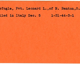 World War II, Vindicator, Leonard L. Fryfogle, N. Benton, Ohio, killed, Italey, 1944