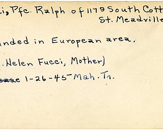 World War II, Vindicator, Ralph Fucci, Meadville, wounded, Europe, Helen Fucci, 1945, Mahoning, Trumbull
