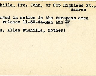 World War II, Vindicator, John Fuchilla, Warren, wounded, Europe, 1944, Mahoning, Trumbull, Mrs. Allen Fuchilla