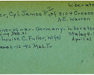 World War II, Vindicator, James P. Fuller Jr, liberated, Warren, prisoner, Germany, Stalag, 1945, Mahoning, Trumbull, Louise C. Fuller