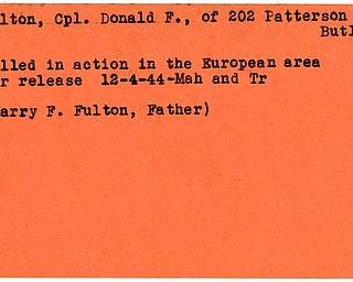 World War II, Vindicator, Donald F. Fulton, Butler, killed, Europe, 1944, Mahoning, Trumbull, Harry F. Fulton