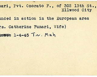 World War II, Vindicator, Onorato F. Funari, Ellwood City, wounded, Europe, Catherine Funari, 1945, Trumbull, Mahoning