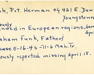 World War II, Vindicator, Herman Funk, Youngstown, wounded, Europe, Germany, Abraham Funk, 1945, Mahoning, Trumbull, missing